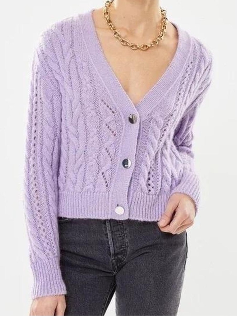 The Kooples Lilac Cable-Knit V-Neck Button Cardigan